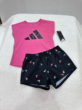 Girl’s Adidas Pink Tee & Black Logo Shorts Set